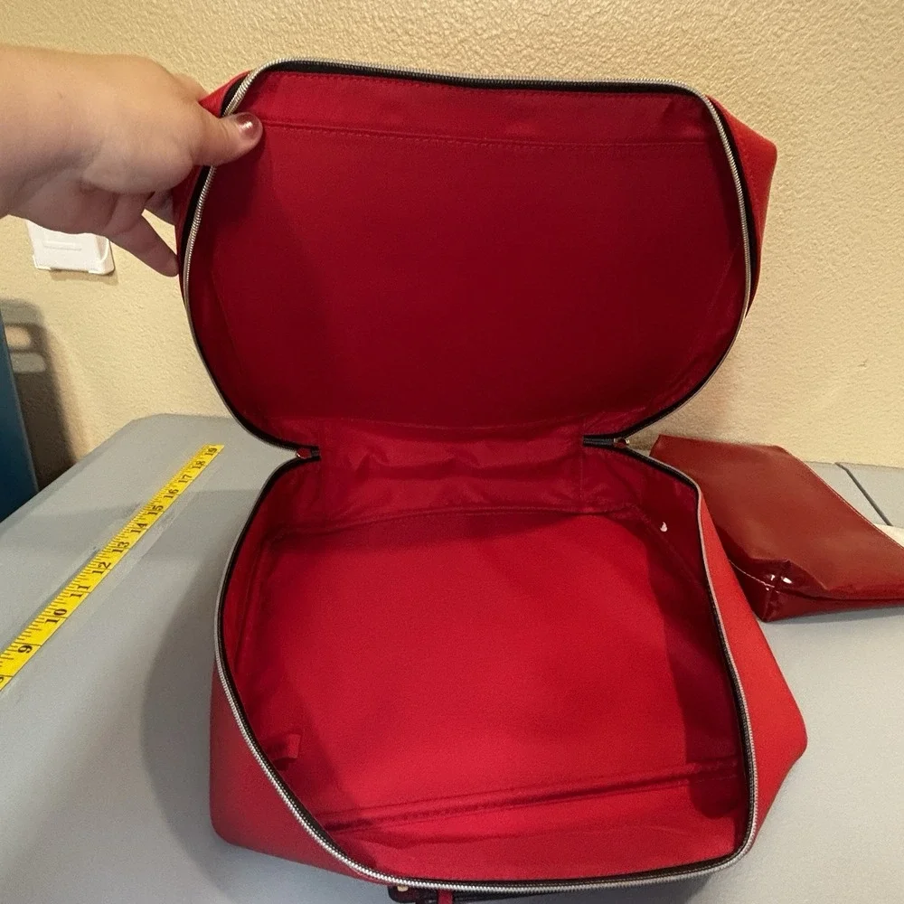 Estee Lauder Red Makeup Cosmetic Bag Train Case Faux Leather w/ Small Red Bag